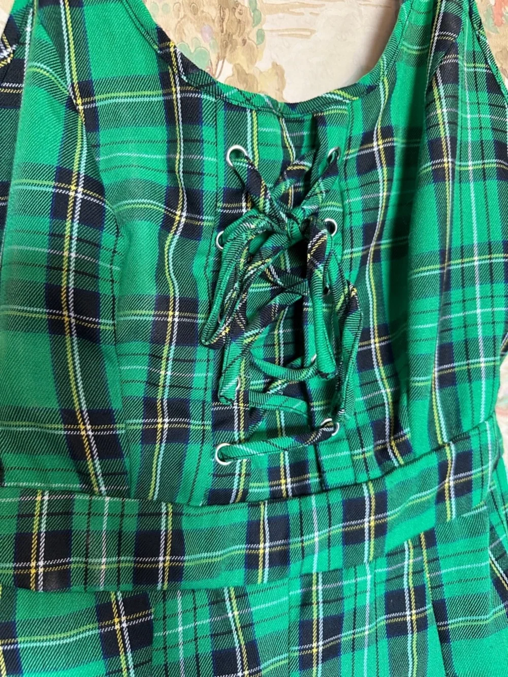 Hot Topic green lace up tartan dress with pockets - Picture 2 of 7